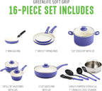 GreenLife 16 Piece Nonstick Cookware Set, Soft Grip Non-Toxic PFAS-Free Ceramic Pots & Pans, Dishwasher & Oven Safe, Frying, Sauce, Utensils, Glass Lids, Stay-Cool Handles, Wobble Free, Periwinkle