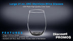 DISCOUNT PROMOS 10 ARC Stemless Wine Glasses Set, 21 oz. - Chardonnay, Cabernet, Merlot, Sauvignon - Black