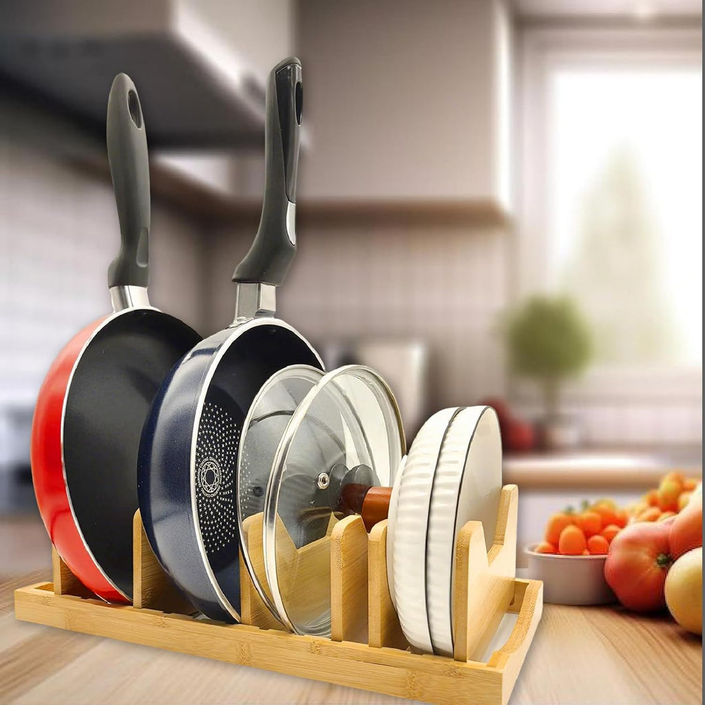 Bamboo Pot Lid Organizer for Cabinet & Kitchen Counter, Pan Lid Organizer Inside Cabinet, Pot Lid Holder, Sheet Pan Rack, Adjustable Pot Cover Holder Rack for Countertop, Under Cabinet