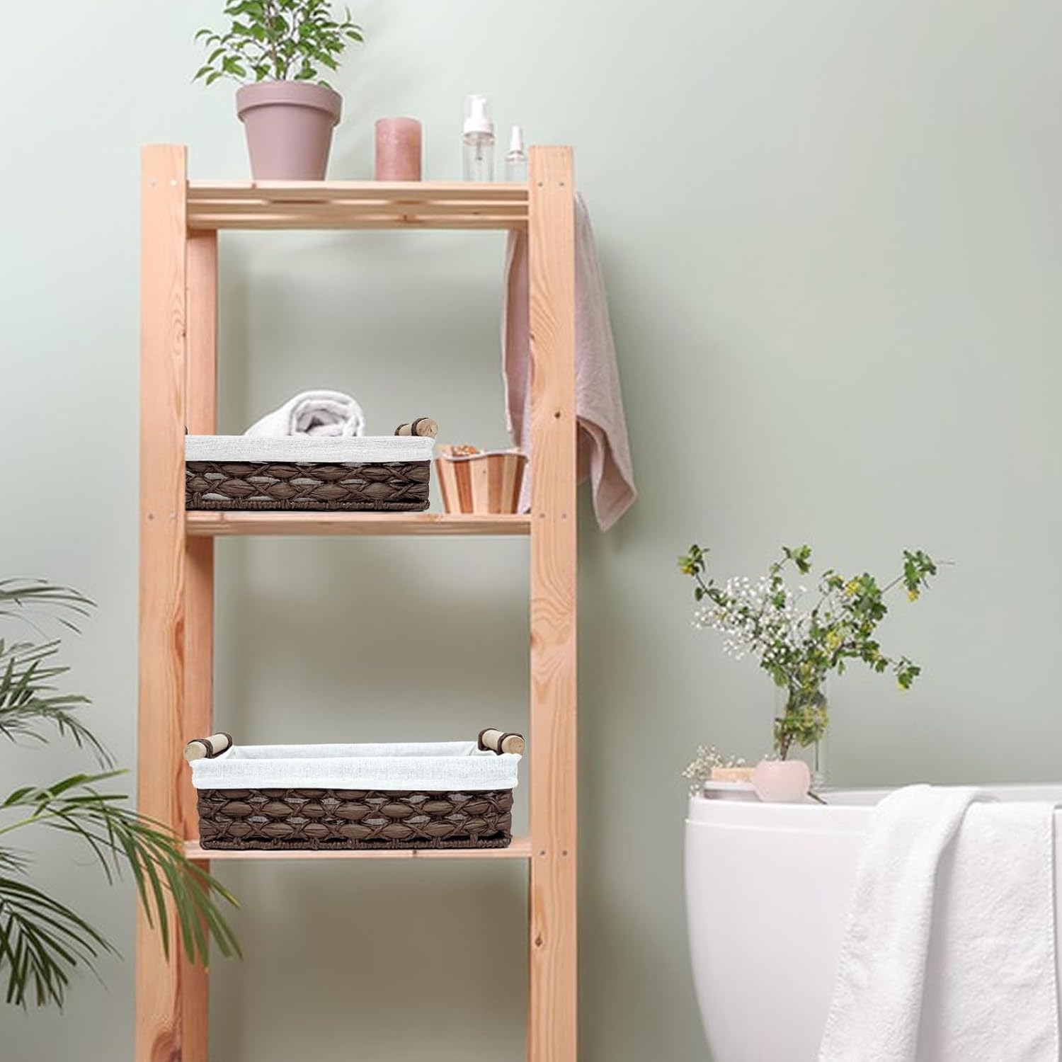 Storage Basket Wicker Baskets for Organizing with Handle Decorative Storage Bins for Countertop Toilet Paper Storage Basket for Toilet Tank Top Small Baskets Set (Set of 2)