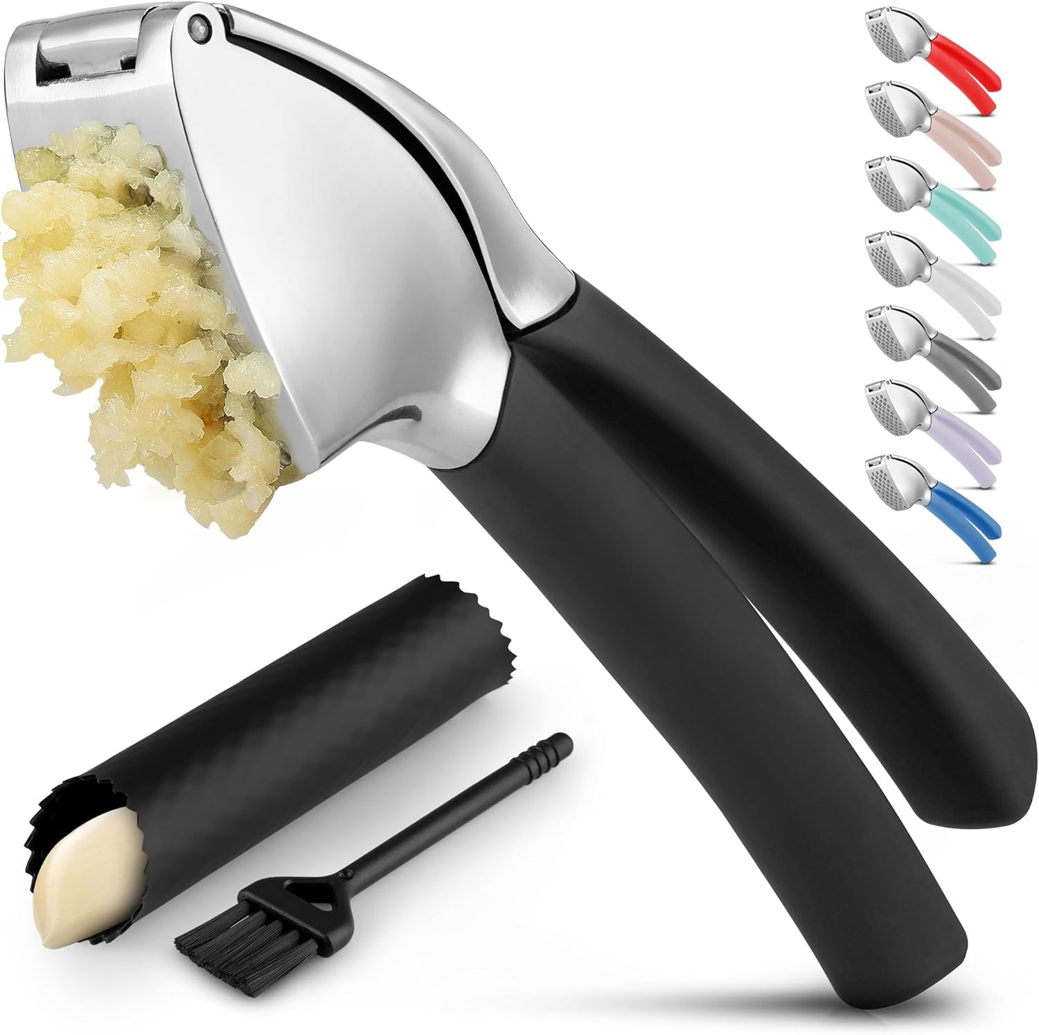 Zulay Kitchen Comfort Grip Garlic Press - Garlic Mincer Tool - Garlic Crusher - Garlic Press Mincer Rust Proof, with Soft Ergonomic Handle, Easy Clean Set with Peeler and Brush