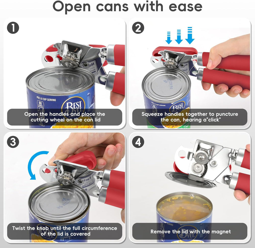 Can Opener Manual, UHIYEE Hand Held Manual Can Openers Heavy Duty with Smoother Cut Sharp Blade, Manual Hand Can Open with Soft Handle, Easy to Turn Knob, Magnetic Lid Lifter, Red