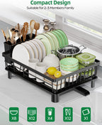 Dish Drying Rack, Stainless Steel Drainer Rack with Drainboard with Smart Drainage System, Space Saving Dish Strainer for Kitchen Counter with Cutlery Holder, Black