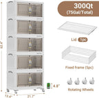 300Qt Stackable Storage Bins with Lid, Extra Large Closet Organizer Collapsible Drawer Boxes with Wheels, Folding Plastic Cabinet Containers for Home Kitchen Room Organization, 5Pack White