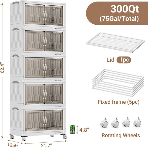 300Qt Stackable Storage Bins with Lid, Extra Large Closet Organizer Collapsible Drawer Boxes with Wheels, Folding Plastic Cabinet Containers for Home Kitchen Room Organization, 5Pack White
