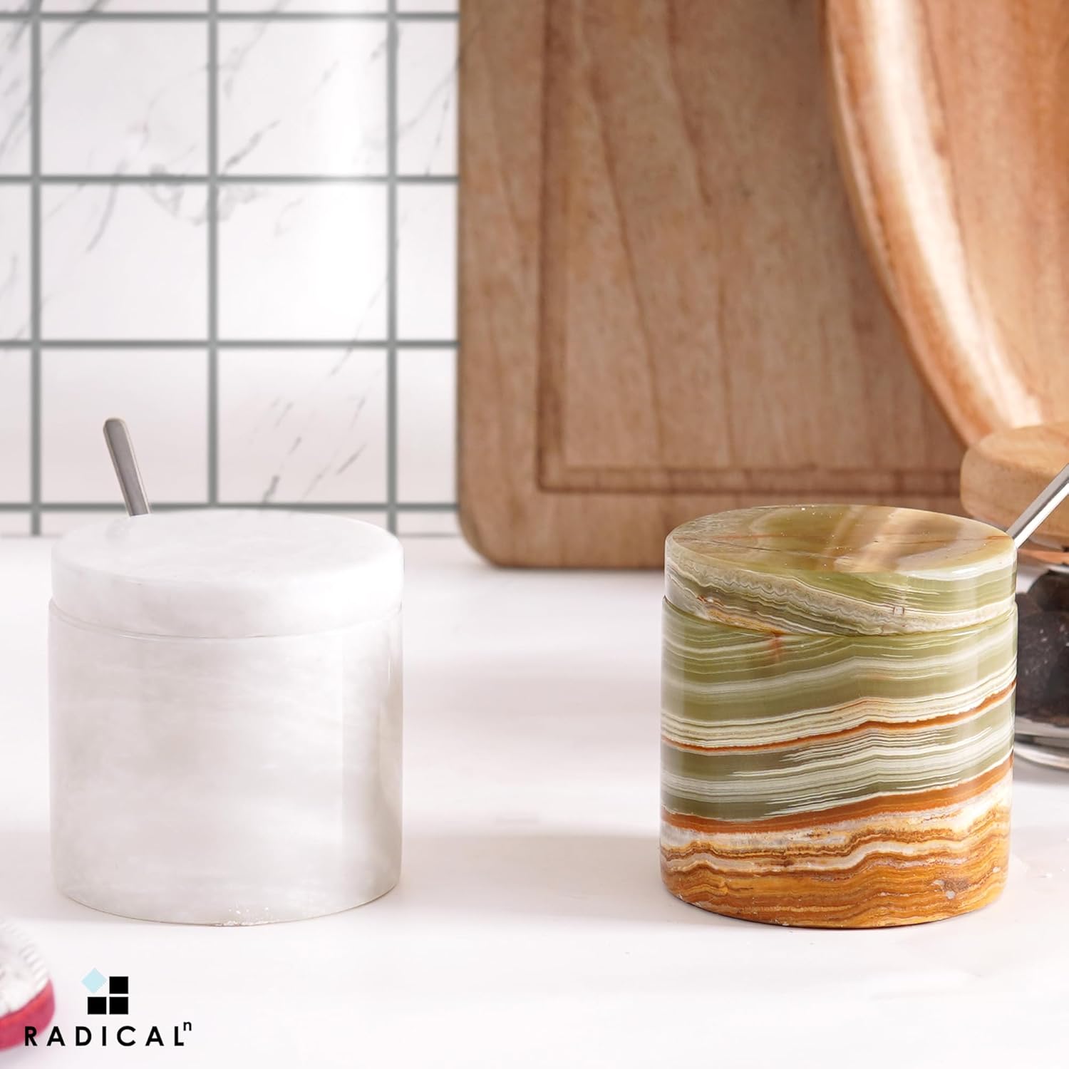 Radicaln Marble Salt Cellar With Lid and Tray 3" Inch White and Green Set of 2 Salt Container for Living Room, Ideal Salt Bowl For Kitchen countertop