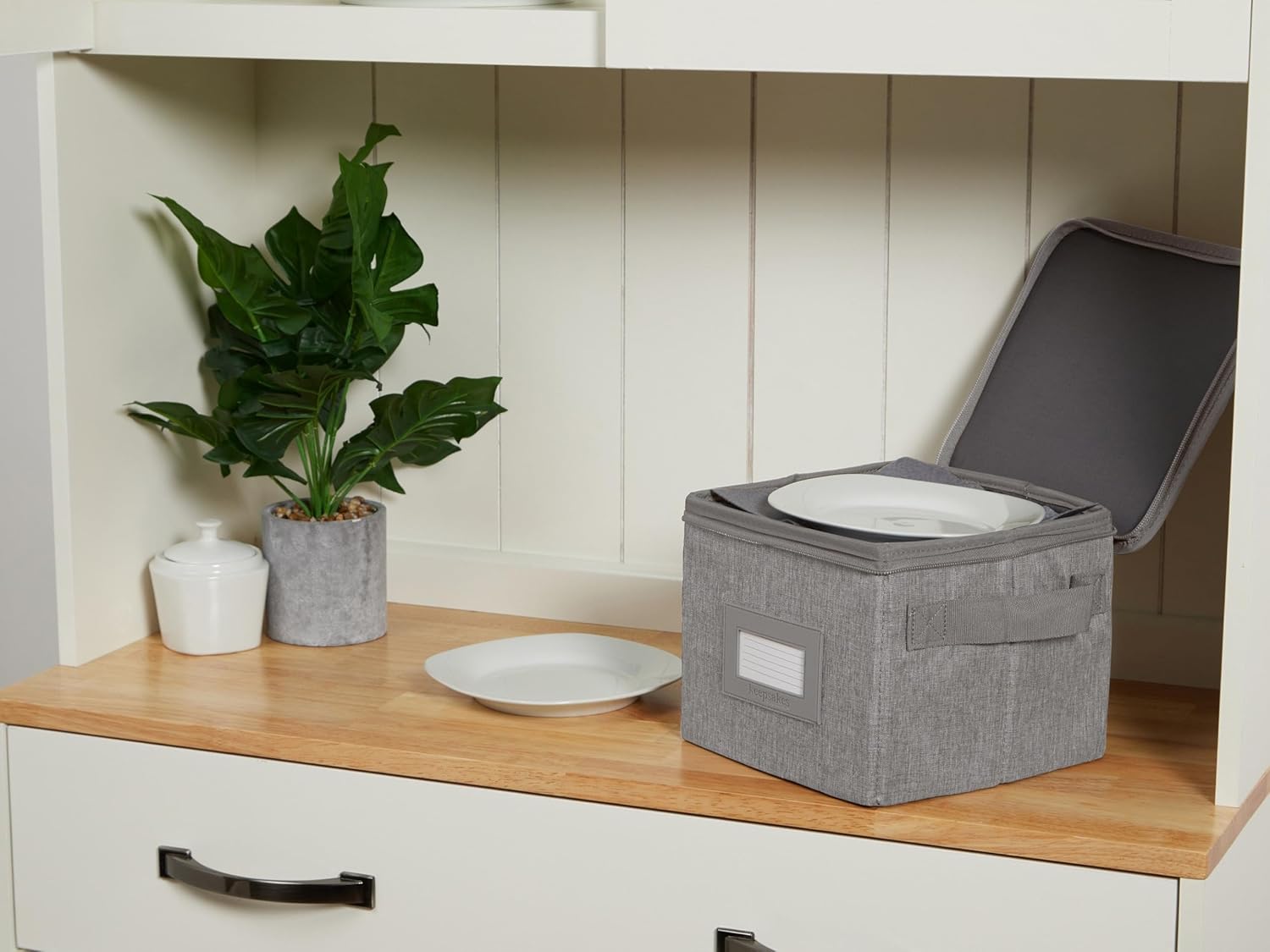 Covermates Keepsakes Dish Storage Box - Stackable, Reinforced Handles, China Storage, Grey Heather
