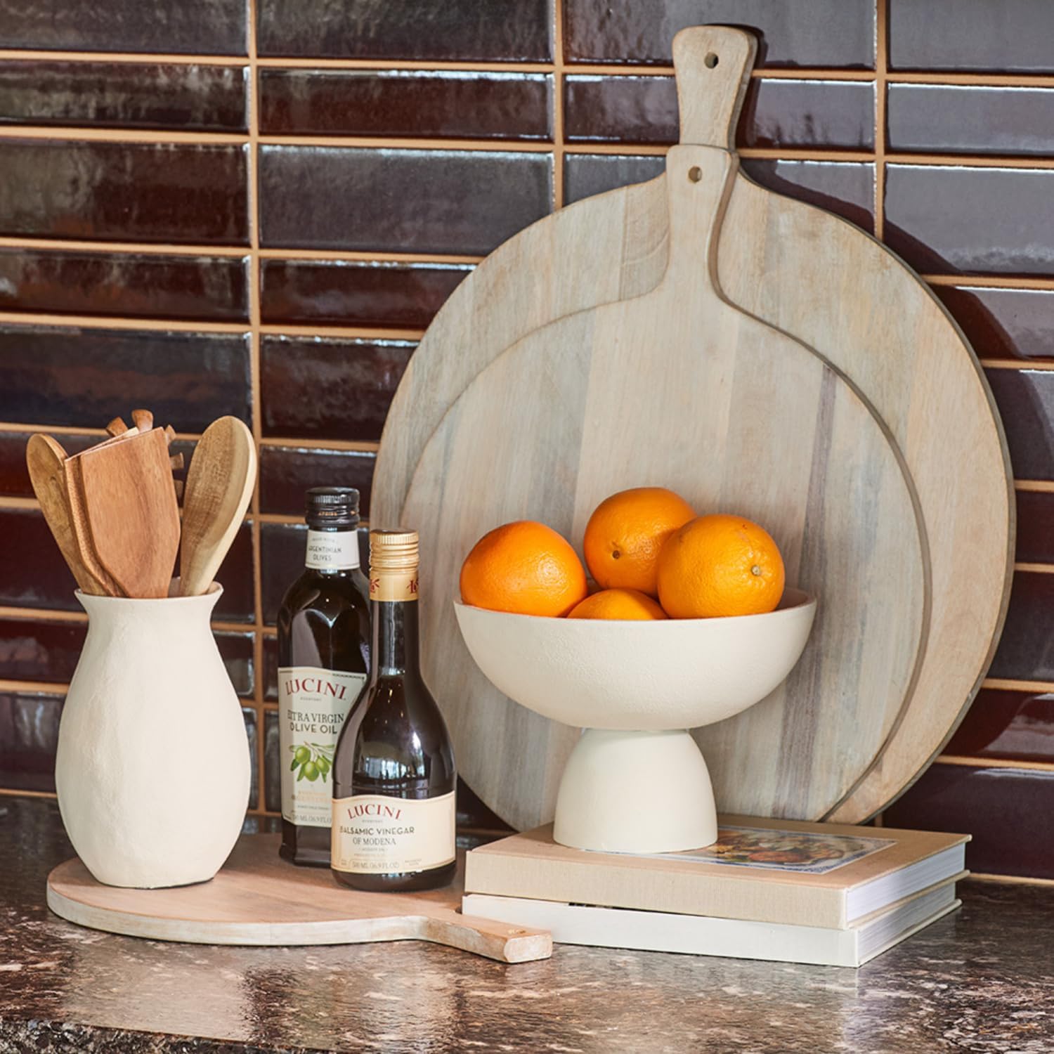Wood Cutting Board 19in Handmade Round Serving & Chopping Board Paddle with Handle, Premium Home Decor Wooden Cutting Boards for Kitchen Display & Chopping, Light Wood