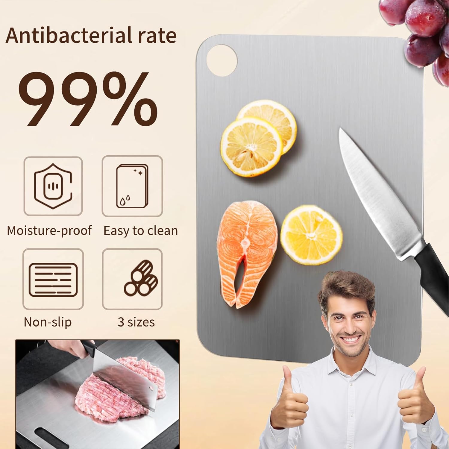 New Titanium Cutting Board-Stainless Steel Cutting Boards for kitchen,Double-Sided Food Grade Non Toxic Cutting Board,Chopping Boards Necessities for Home Outdoor Camping Meal Prep,Easy to Clean （S）