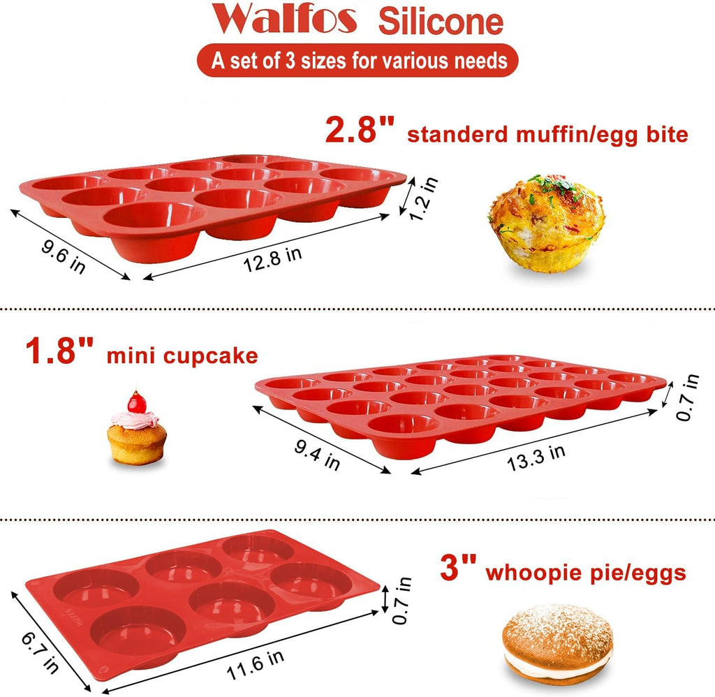 Walfos Silicone Muffin Pan Set of 3, Including Regular 12 Cups Muffin Pans, 24 Cups Mini Muffin Pan & 6 Cups Muffin Top Pan, Non-Stick Cupcake Pan, Easy to Pop Out & Dishwasher Safe