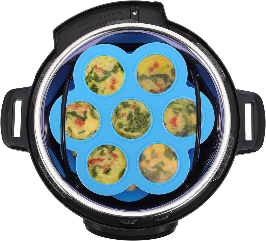 ROTTAY Silicone Egg Bites Molds and Steamer Rack Trivet with Heat Resistant Handles Fit Instant Pot Accessories, 7pcs set for 6qt 8qt Electric Pressure Cooker With 2 Spoons and Silicone spatula