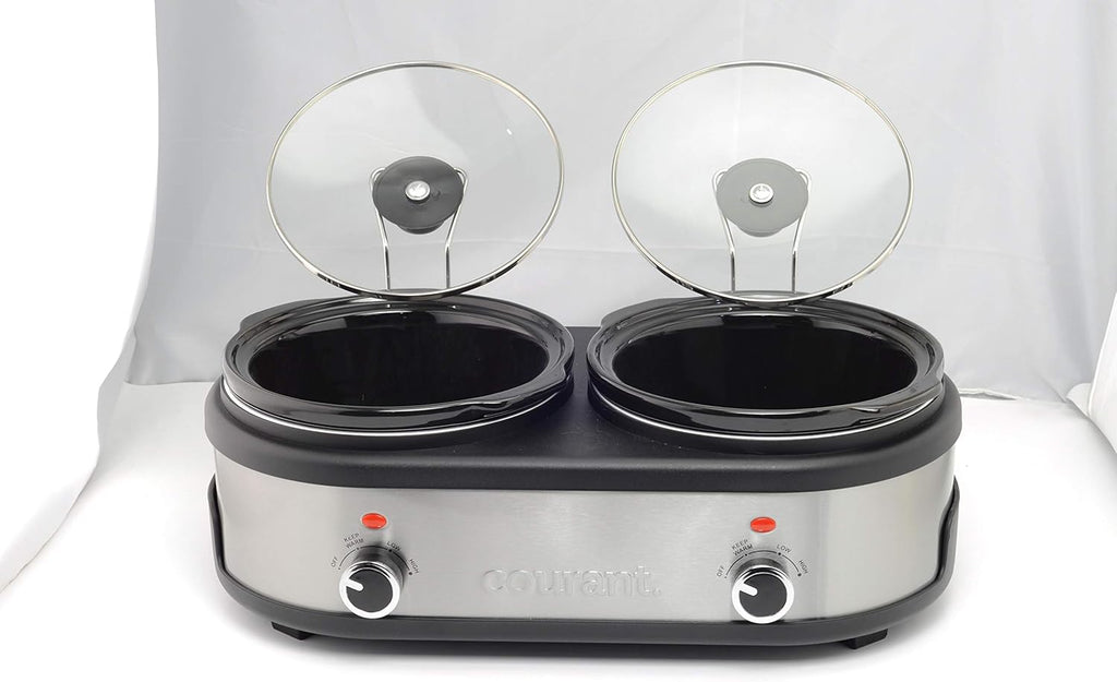 Courant Double Slow Cooker 2.5 Quart Crock each, 5.0 Quart Total Pots, with Individual Easy Cooking Options, Dishwasher Safe Stainproof Stoneware Pots and Glass Lids, Stainless Steel