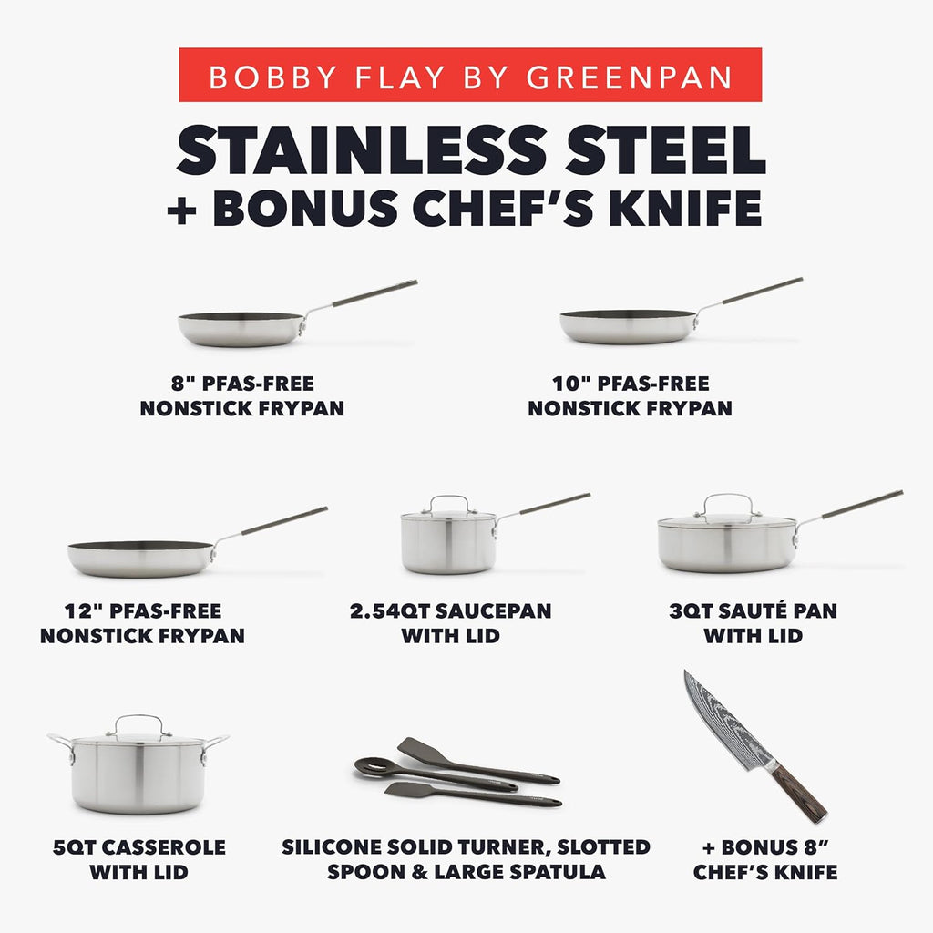 GreenPan x Bobby Flay Stainless Steel 12 Piece Cookware Pots and Pans Set and 8" Chef's Knife, Professional Grade Tri Ply, PFAS-Free Ceramic Nonstick, Induction Suitable, Dishwasher & Oven Safe