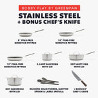 GreenPan x Bobby Flay Stainless Steel 12 Piece Cookware Pots and Pans Set and 8" Chef's Knife, Professional Grade Tri Ply, PFAS-Free Ceramic Nonstick, Induction Suitable, Dishwasher & Oven Safe