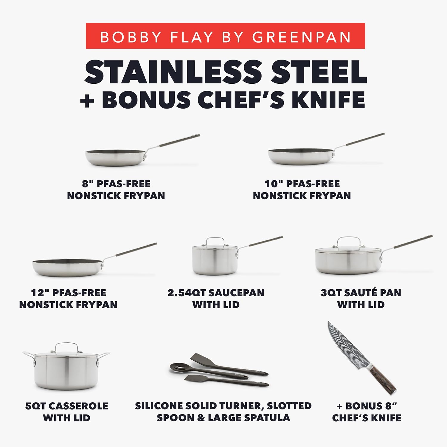GreenPan x Bobby Flay Stainless Steel 12 Piece Cookware Pots and Pans Set and 8" Chef's Knife, Professional Grade Tri Ply, PFAS-Free Ceramic Nonstick, Induction Suitable, Dishwasher & Oven Safe