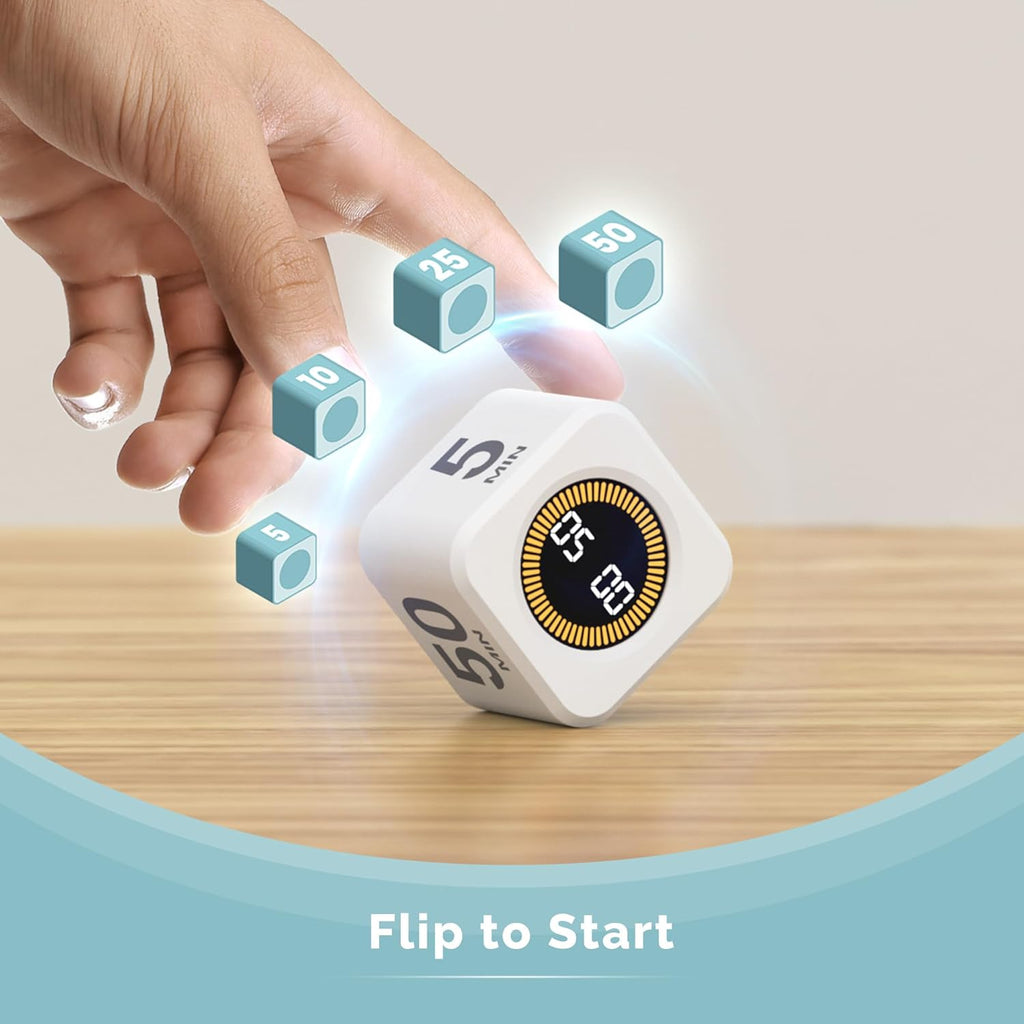 KADAMS Pomodoro Cube Timer Productivity Visual Timer - 5/10/25/50 Min Rotating Countdown, Customize Countup Silent Mode- for Work Study Cook Workout Kitchen Back to School Classroom (White)