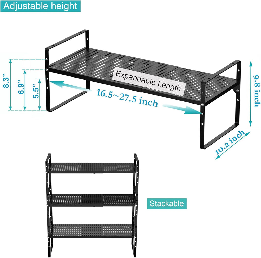 iPEGTOP 2 Pack Large Expandable Cabinet Storage Shelf, Heavy Duty Stackable Steel Metal Spice Rack Adjustable Height Home Office Pantry Garage Shelves for Counter Kitchen Organization, Black
