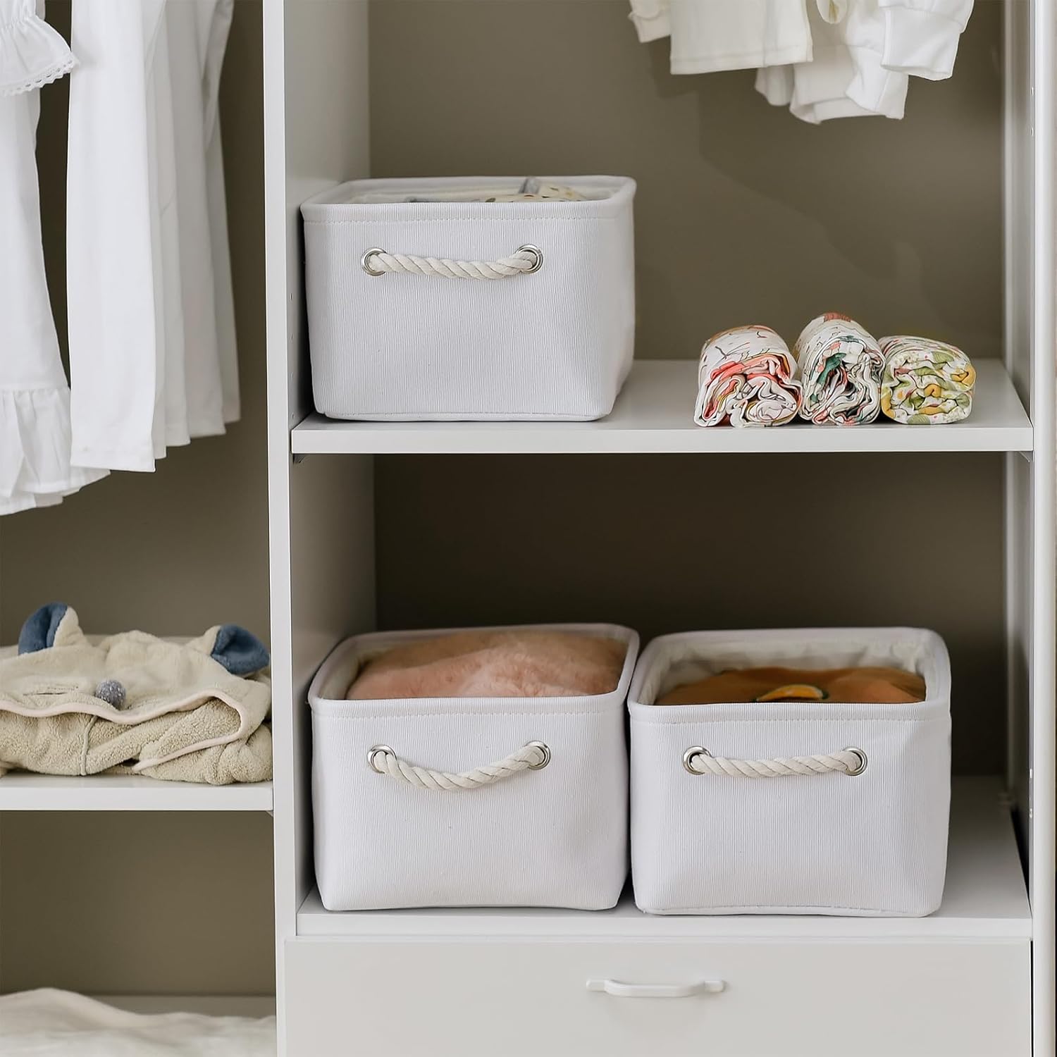 TheWarmHome Decorative Basket for Organizing - Medium-1Pack 13.8L*9.8W*6.7H Rectangular Fabric Storage Bin Organizer Basket with Handles for Clothes (White)