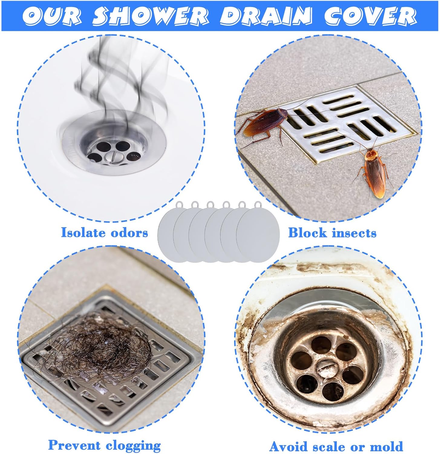 Yinkin 6 Pcs Drain Covers to Keep Bugs Out Silicone Shower Floor Tub Stoppers Bathtub Drain Stoppers Sewer Anti-Odor Mats Deodorizing Plugs for Bathroom(6 x 6 Inch,Round,Grey)