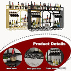 Wall Mounted Wine Rack, 3-Tiers Metal Bar Bottle Holder, Modern Wine Glass Storage Display Shelves, Wall Wine Rack for Kitchen Bar Dining Rooms Decoration ﻿ (Black, 55.11in/140cm)