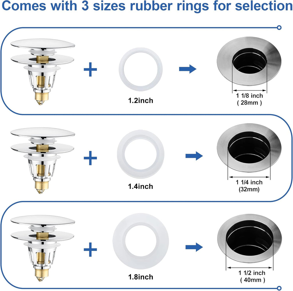 Universal 3-in-1 Bathroom Sink Stopper - Chrome Pop Up Sink Drain Stopper, Push Button Sink Drain Stopper Replacement, Wash Basin Drain Filter Plug with Anti-Clogging Strainer, (Large Cover)