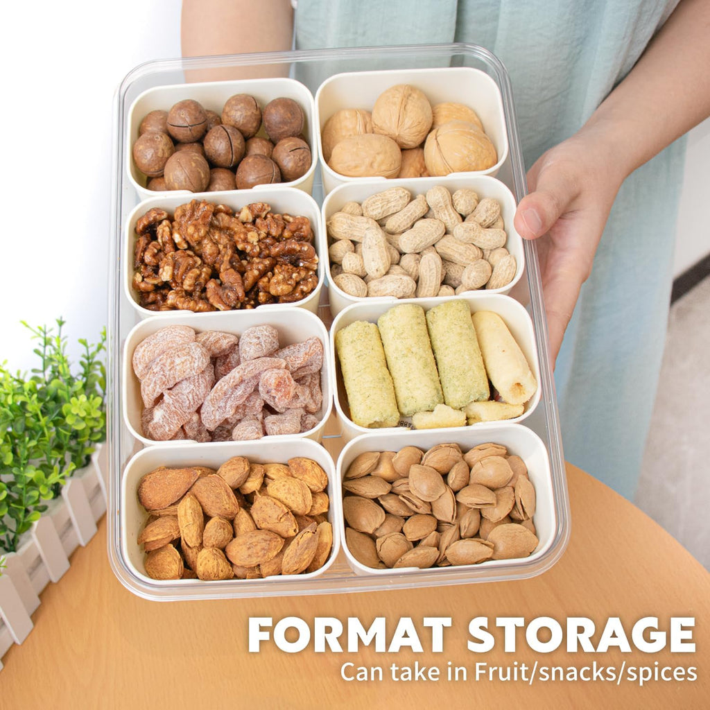 Divided Serving Tray with Lid and Handle,8 Compartments Snacks Box,Snack Fruit Tray,Veggie Tray,Portable Platter for Candy Fruits Nuts Snack Party Entertaining Picnic(2 PCS)