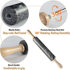 African Natural Marble Rolling Pin, Non-Stick Polished Dough Roller, Pasta, Dumpling, Fondant, Pie Crust, Bread, Pizza Dough, Kitchen Baking Pastry Tools with Mat/Scraper(Monte Grigio)