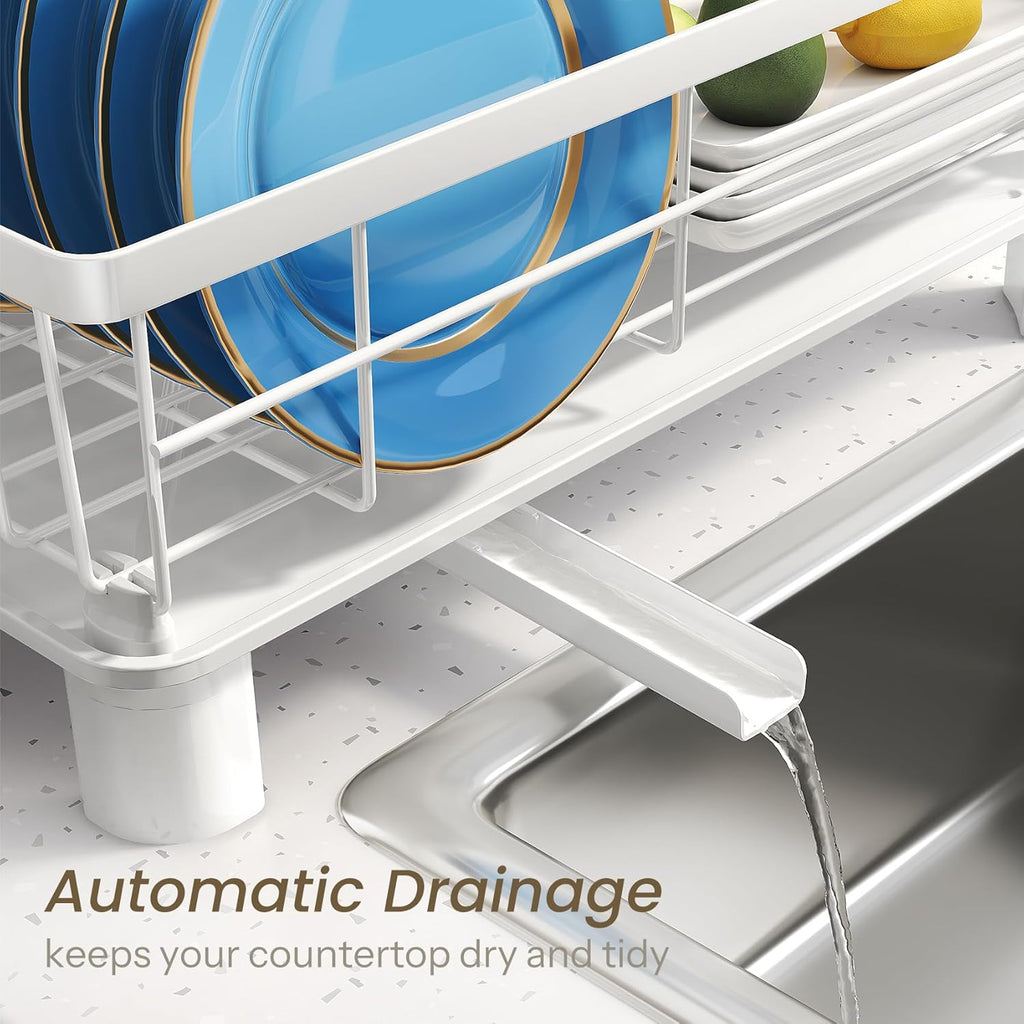 Dish Drying Rack - Small Dish Rack for Kitchen Counter, Stainless Steel Dish Drainer with Utensil Holder and Drainboard (White)