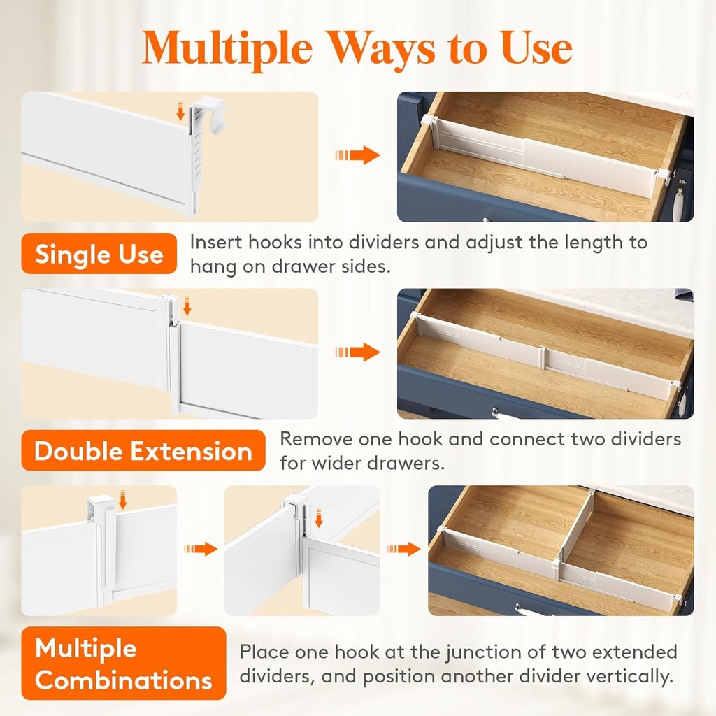 Lifewit Hanging Kitchen Drawer Dividers 3.1" High, 10-17" Adjustable Drawer Organizers for Utensils, Expandable Dresser Separators in Kitchen/Bedroom/Bathroom/Vanity/Office, White(8 Pack)
