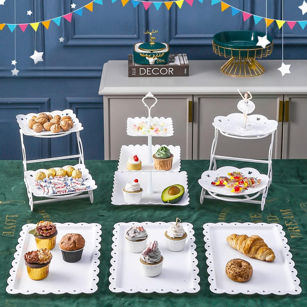 10 Pcs Cake Stand White Plastic Dessert Table Display Set 4 Pcs 3 Tired Cupcake Stand Cookie Tray Rack Serving Tray Cake Display Tower and 6 Pcs Dessert Trays for Wedding Baby Shower Tea Party
