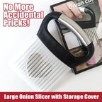Onion Slicer with Protective Cover - Stainless Steel Cutter for Slicing Tomatoes, Potatoes, Avocados - Multiuse Vegetable Chopper and Meat Tenderizer