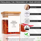 12 Pcs Square Glass Spice Jars with Natural Bamboo Lids - 5oz Airtight Herb Containers with 148 Waterproof Minimalist Spice Labels Preprinted - Empty Small Seasoning Jars for Kitchen Pantry
