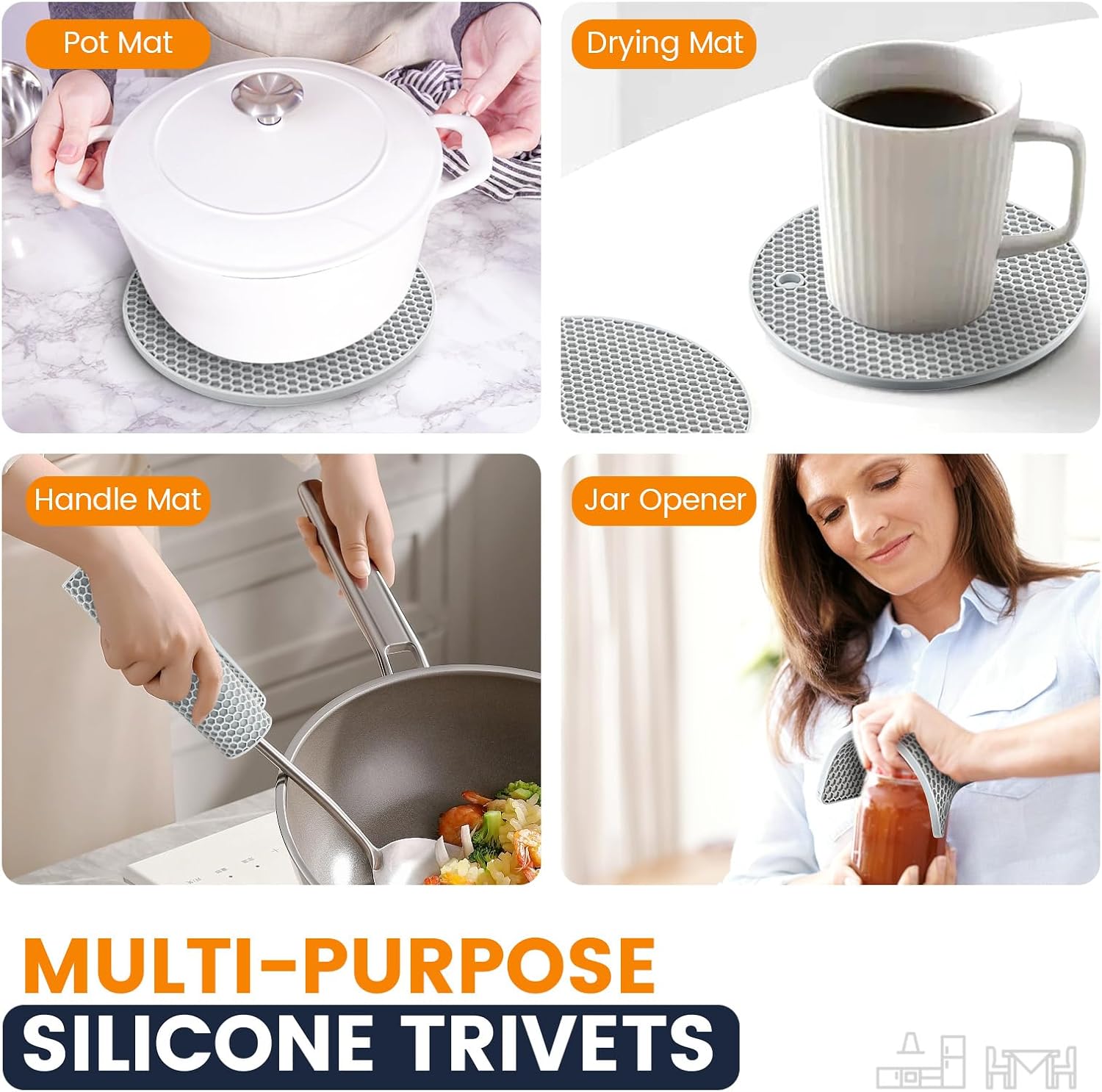 Silicone Trivet Mats 4 Heat Resistant Pot Holders Multipurpose Non-Slip Hot Pads for Kitchen Potholders, Drying mat, Jar Opener, Spoon Holder, Coaster(Nordic Grey)