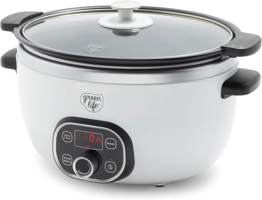 GreenLife 6QT Slow Cooker, Non-Toxic PFAS-Free Ceramic Nonstick Removable Interior Bowl, Programmable, Family Friendly, Keep Warm, Stovetop & Oven Safe, Dishwasher Safe Parts, Timer, Glass Lid, White