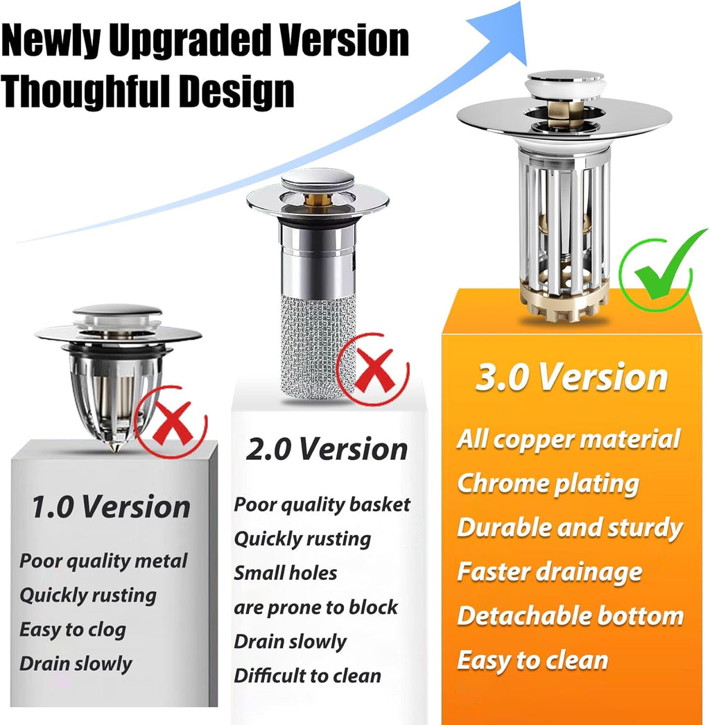 Bathroom Sink Drain Strainer, 3 in 1 Pop Up Bathroom Sink Stopper with Removable Brass Basket Hair Catcher, Universal Sink Plug for 1.06 to 1.6in Drain Hole, Chrome Silver