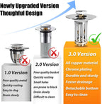 Bathroom Sink Drain Strainer, 3 in 1 Pop Up Bathroom Sink Stopper with Removable Brass Basket Hair Catcher, Universal Sink Plug for 1.06 to 1.6in Drain Hole, Chrome Silver