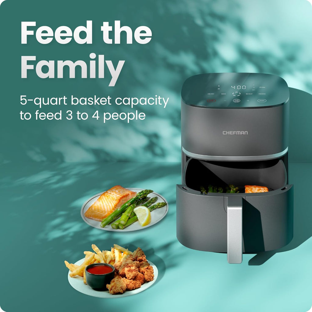 Chefman TurboX 4-in-1 Air Fryer, 5-Quart Airfryer for Extra Crispy Chicken, Fries, Wings, and More, Air Fry, Bake, Reheat, and Frozen Functions, Digital Touch Controls, Dishwasher Safe - Gray