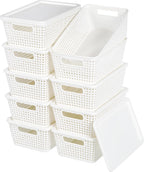 Plastic Storage Baskets With Lid, Storage Bins for Organizing, Stackable Decorative Containers for Shelves Drawers Desktop Closet Playroom Classroom Office, 10 Pack-White