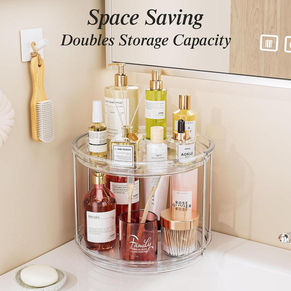 LAMU 2 Pack 2 Tier Lazy Susan Turntable Organizer 10.6'' Rotating Spice Rack Organization for Cabinet, Kitchen, Pantry, Countertop, Bathroom, Vanity, Medicine Cabinet Organizer, Clear