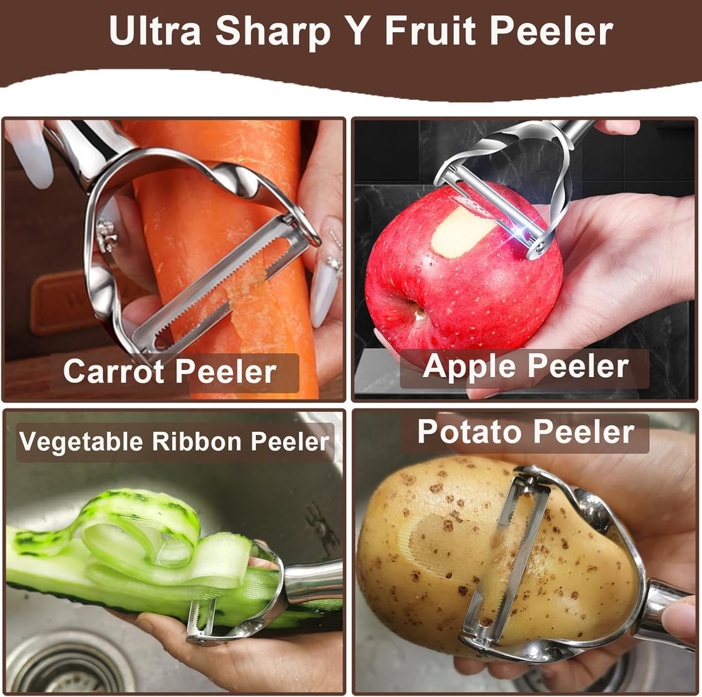 Premium Vegetable Peeler - Stainless Steel Serrated Y Potatoe Peeler for Veggie, Carrots, Apples - Ultra Sharp Swivel Blade Fruit Peeler with Ergonomic Natural Wood Handle