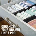 RAPTUROUS Adjustable Drawer Dividers 4 Pack, 4” High, 11-17” Long, Dresser Drawer Organizer for Bedroom, Closet, Kitchen, Nursery, Office, Strong Hold, Soft Foam Edges, Black