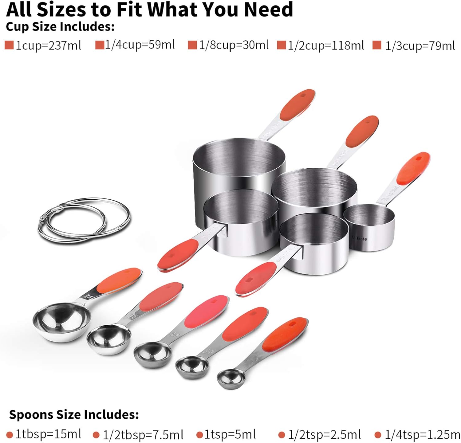 Measuring Cups : U-Taste 18/8 Stainless Steel Measuring Cups and Spoons Set of 10 Piece, Upgraded Thickness Handle(Red)