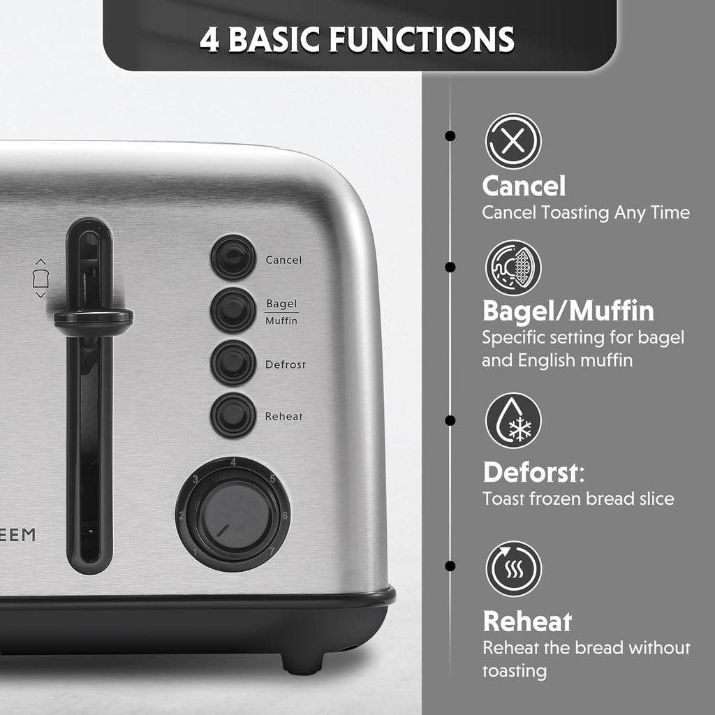 BUYDEEM DT640 Retro 4 Slice Toaster, 7 Shade Settings, Extra Wide 1.5'' Slots, Stainless Steel Toaster with Bagel Muffin Defrost Reheat Function, Retro Silver