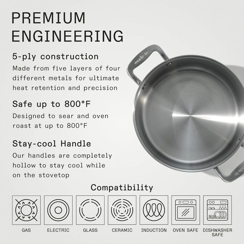 Made In Cookware - 8 Quart Stainless Steel Stock Pot With Lid - 5 Ply Stainless Clad - Professional Cookware - Crafted in Italy - Induction Compatible