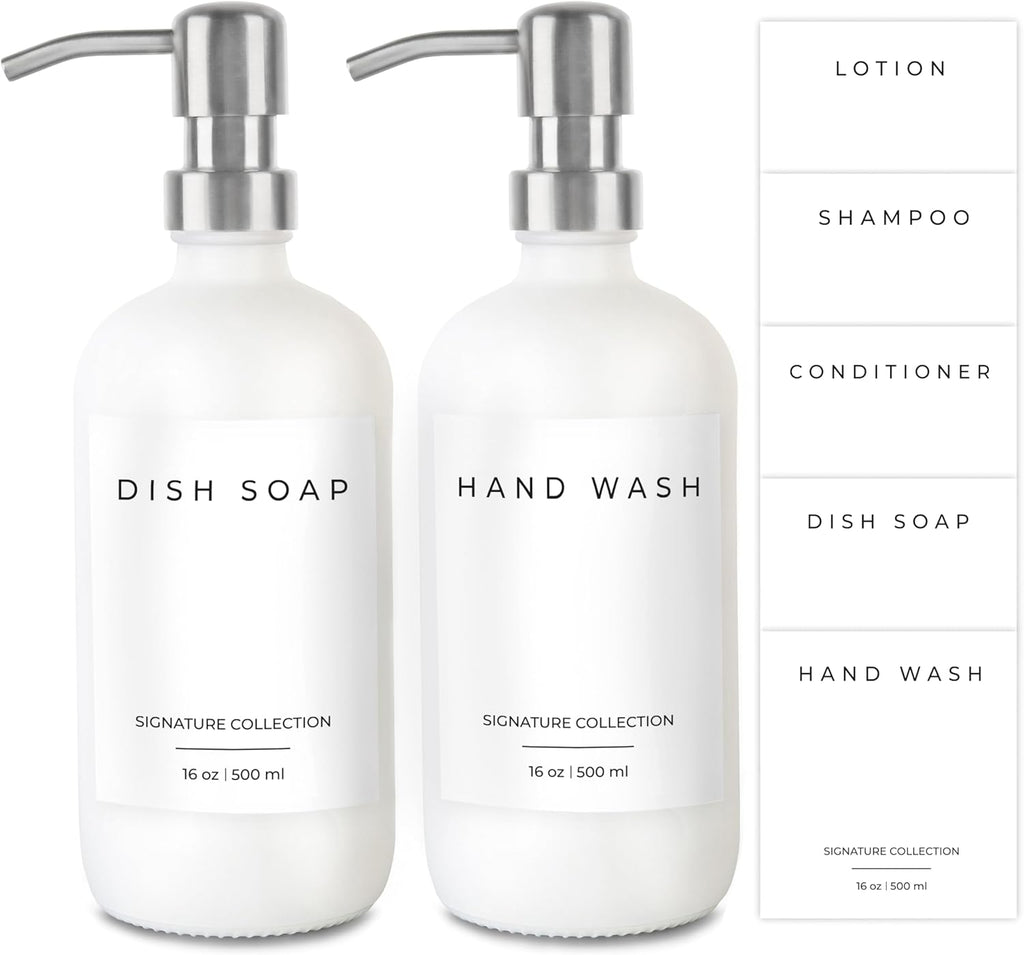 Emerson Essentials Soap Dispenser, Dish Soap for Kitchen - Hand Dispenser Bathroom Set, Kitchen Set Glass Soap Bottles with Pump and Labels, 16 Oz, 2 Pack