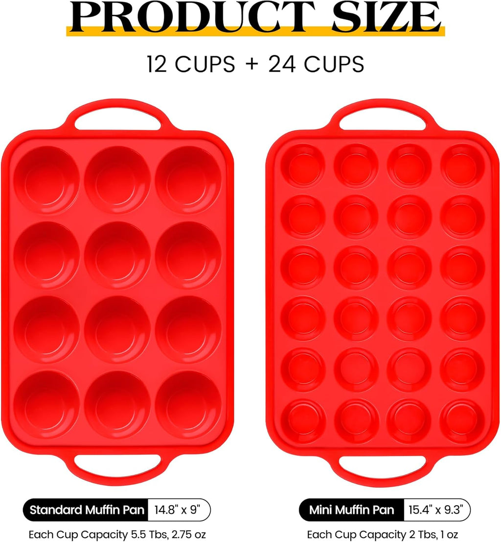 Regular 12 Cup and Mini 24 Cup Nonstick Cupcake Pan Set Silicone Muffin Pan for Baking Silicone Cupcake Mold with Metal Reinforced Frame BPA Free (2 Pcs, Red)