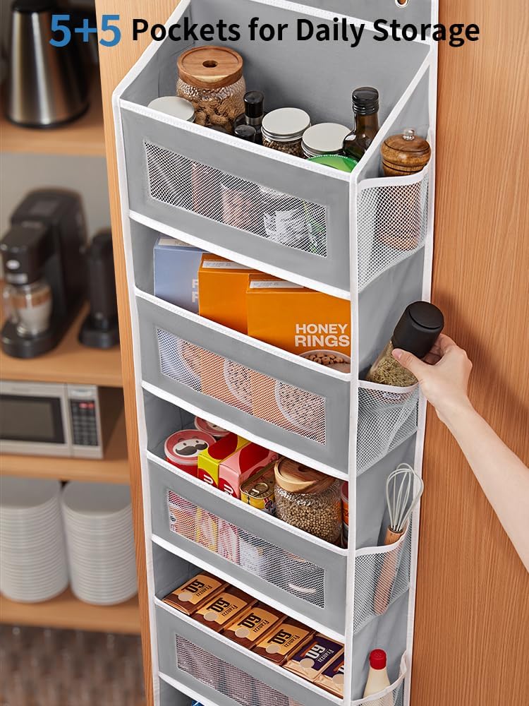 JARLINK 2 Pack Over the Door Organizer Storage, 5 Shelf Hanging Door Organizer with 5 Large Capacity Pockets, Anti Tilt 44 lb Load Behind Door Storage for Bedroom, Bathroom, Pantry, Nursery, (Grey)