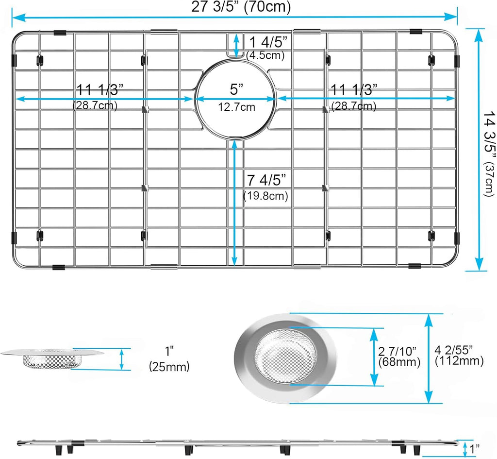 iPEGTOP Sink Bottom Grid, 3-Piece Stainless Steel Sink Protector 27-9/16" x 14-9/16" with Rear Drain Hole, Sink Grate Sink Rack for Bottom of Kitchen Sink Single Sink Bowl with Sink Hole Cover