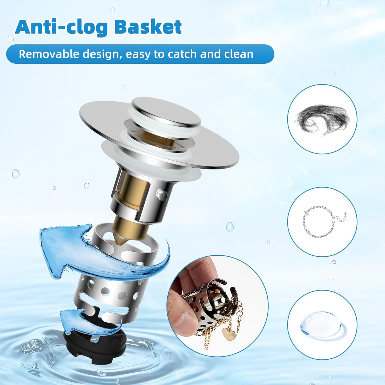 Universal Bathroom Sink Stopper Hair Catcher Upgraded with 2-Layer Detachable Filter Basket – 4 in 1 Pop Up Sink Drain Strainer, Anti-Clog, Odor-Block, Fit for 1.1''~2.36'' Sinks, 2PCS, Chrome