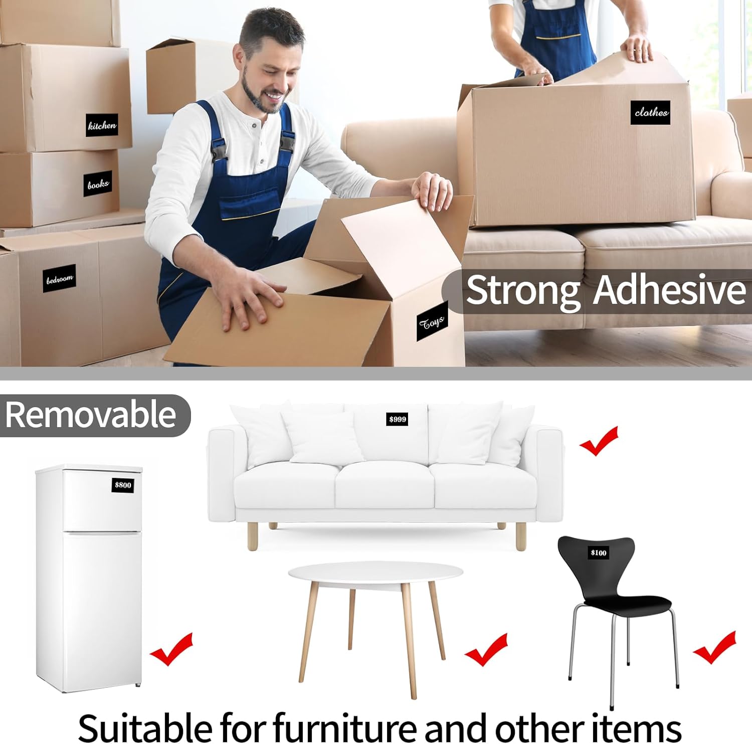 STARLIBOO Removable Colored Labels Stickers, 3X5 Inch Removable Large Label Stickers for Moving Boxes and Storage Bins- Waterproof- Tear Resistant (Black)